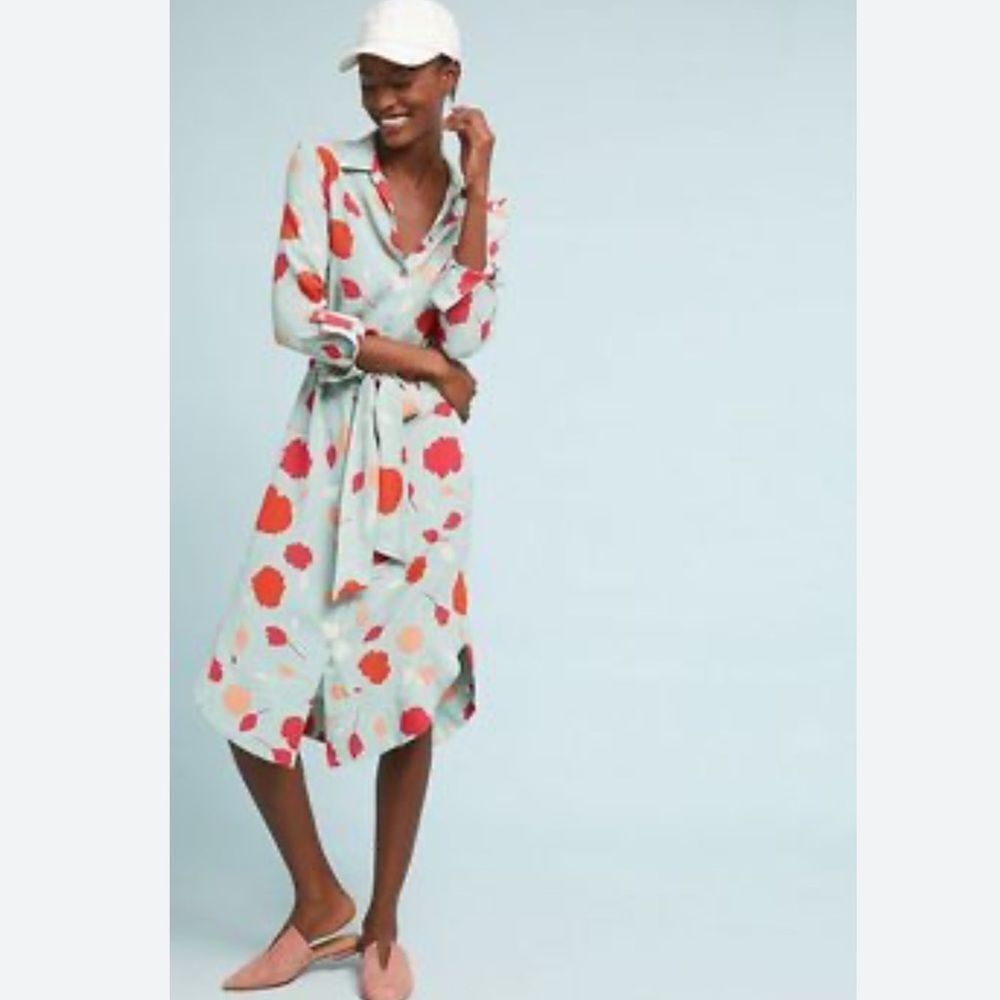 Anthropologie Light Blue Floral Shirtdress with Red and Pink floral print
